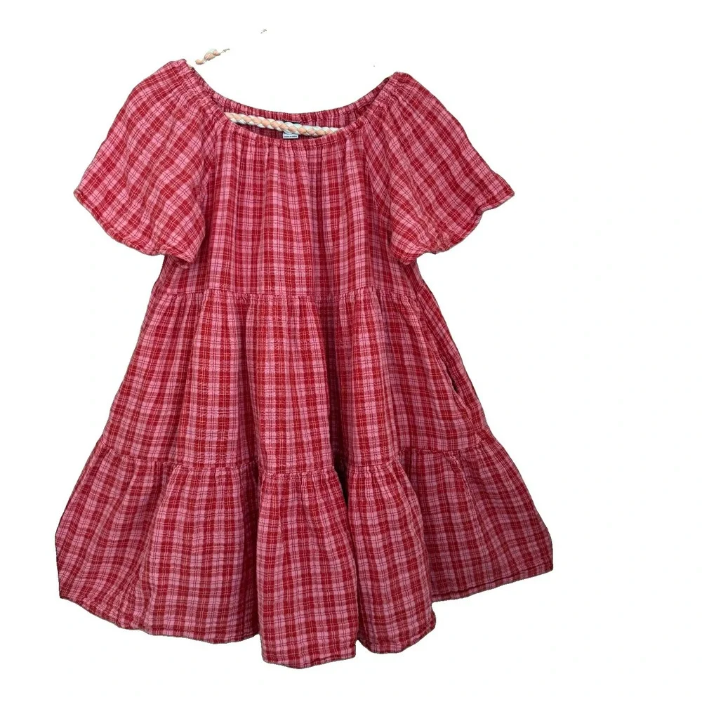 Old Navy Girls SS Tiered Swing Dress Size Plus XL 14-16 Pink Plaid Cottage Boho